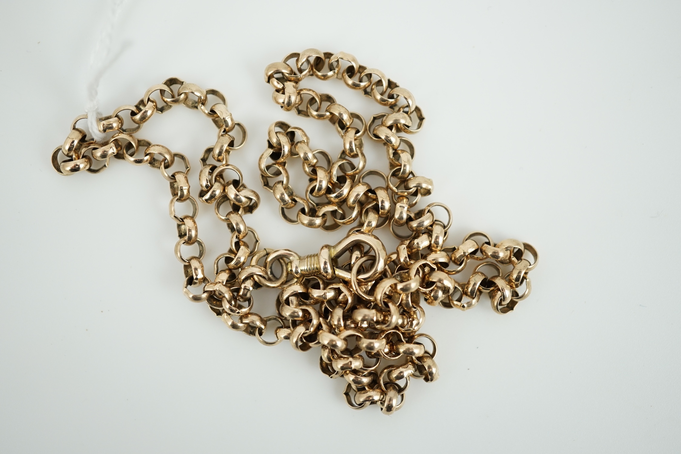 An early 20th century yellow metal circular link chain, 60cm, 23.6 grams.